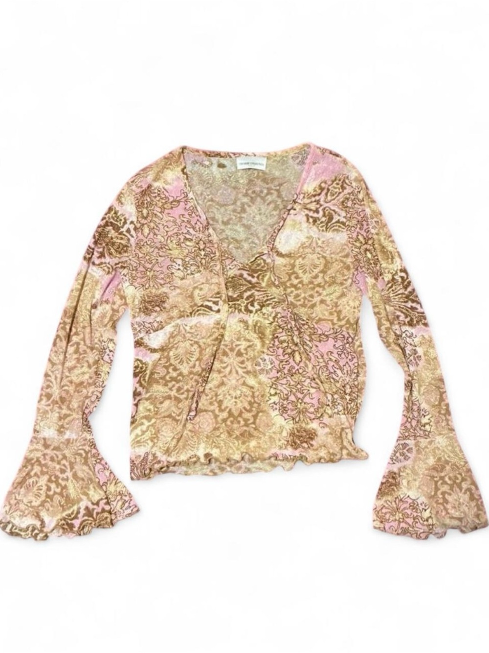 🌸 Y2K Pink & Brown Mesh Bell Sleeve Top 🌸